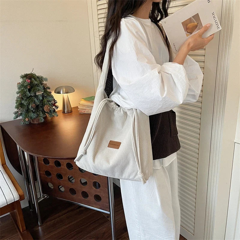 Korean Minimalist Plush Drawstring Tote Bag – Large Capacity