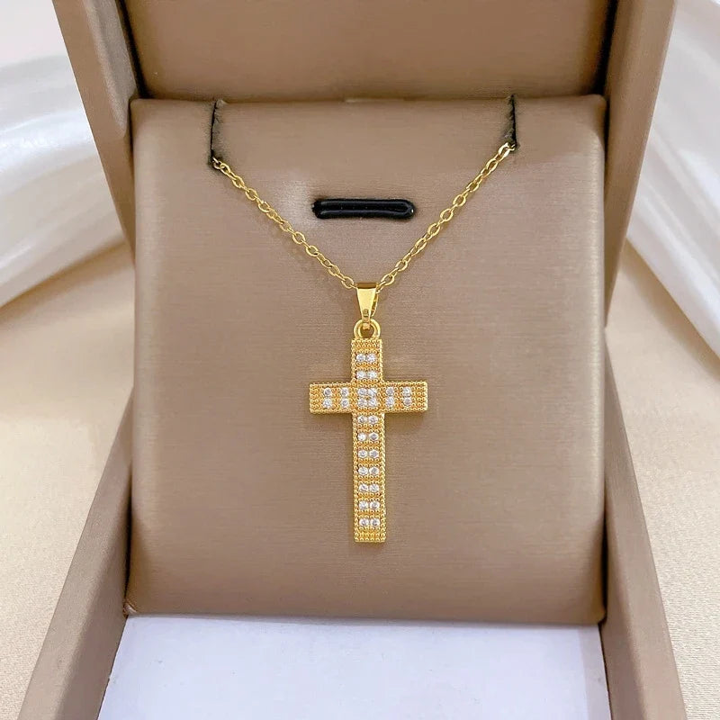 Women's Gold Cross Pendant Necklace – Stainless Steel Choker