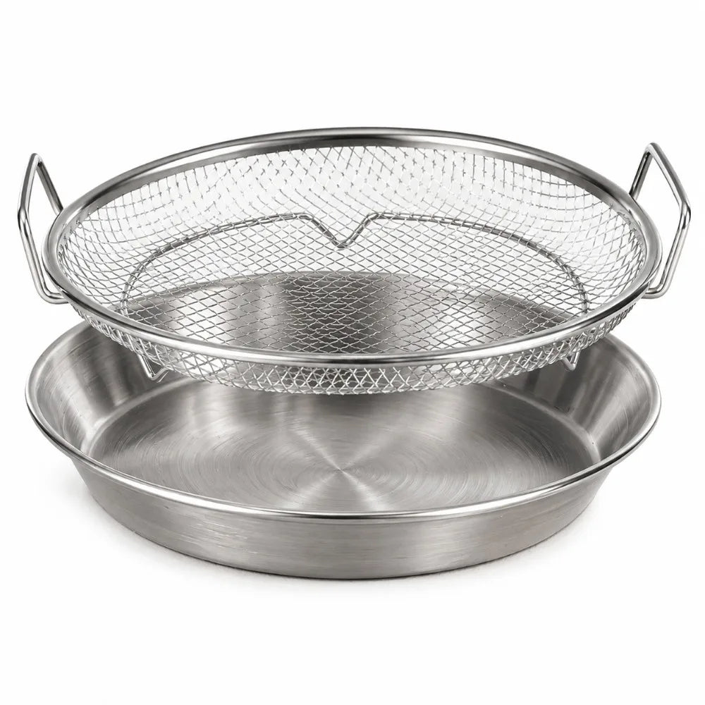 2-Pc Stainless Steel Frying Draining Basket & Tray Set