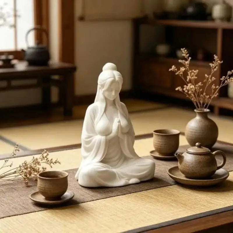 Mini Meditation Lady Figurine – Zen Matte White Desktop Statue