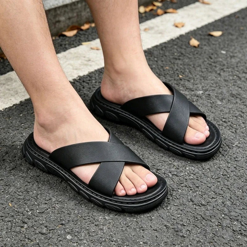 Men's Faux Leather Thick Sole Open Toe Beach Sandals