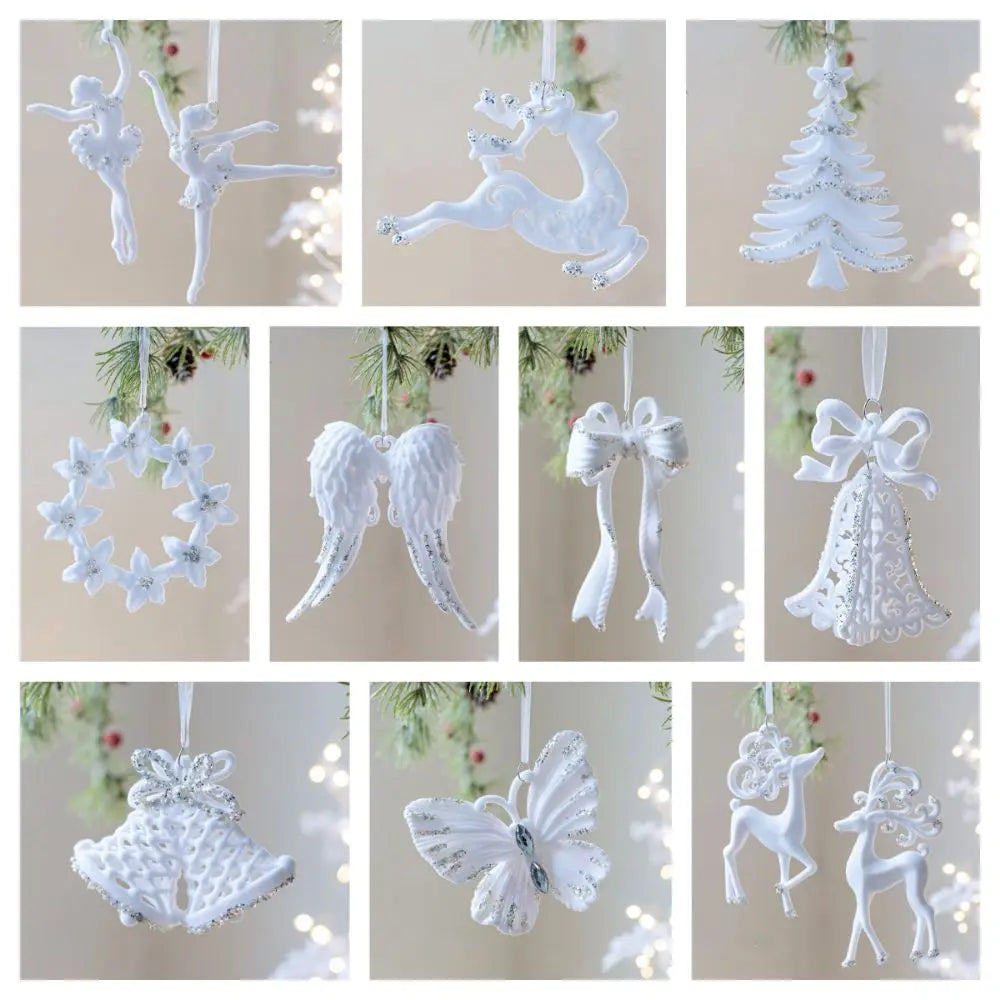 White Christmas Ornaments – Flocking Deer, Wreath & Snowflake