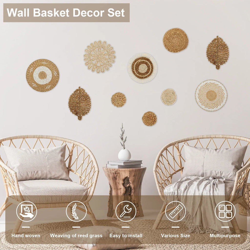 10-Piece Handcrafted Rattan Wall Basket Decor Set | Rustic Boho