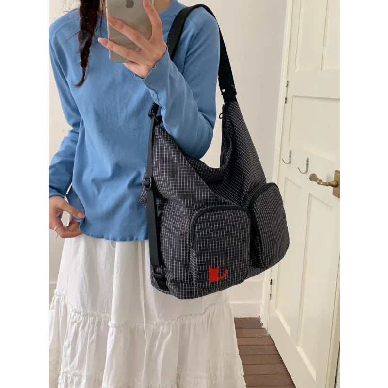 Plaid Multi-Pocket Canvas Backpack – Large Capacity Women's Bag