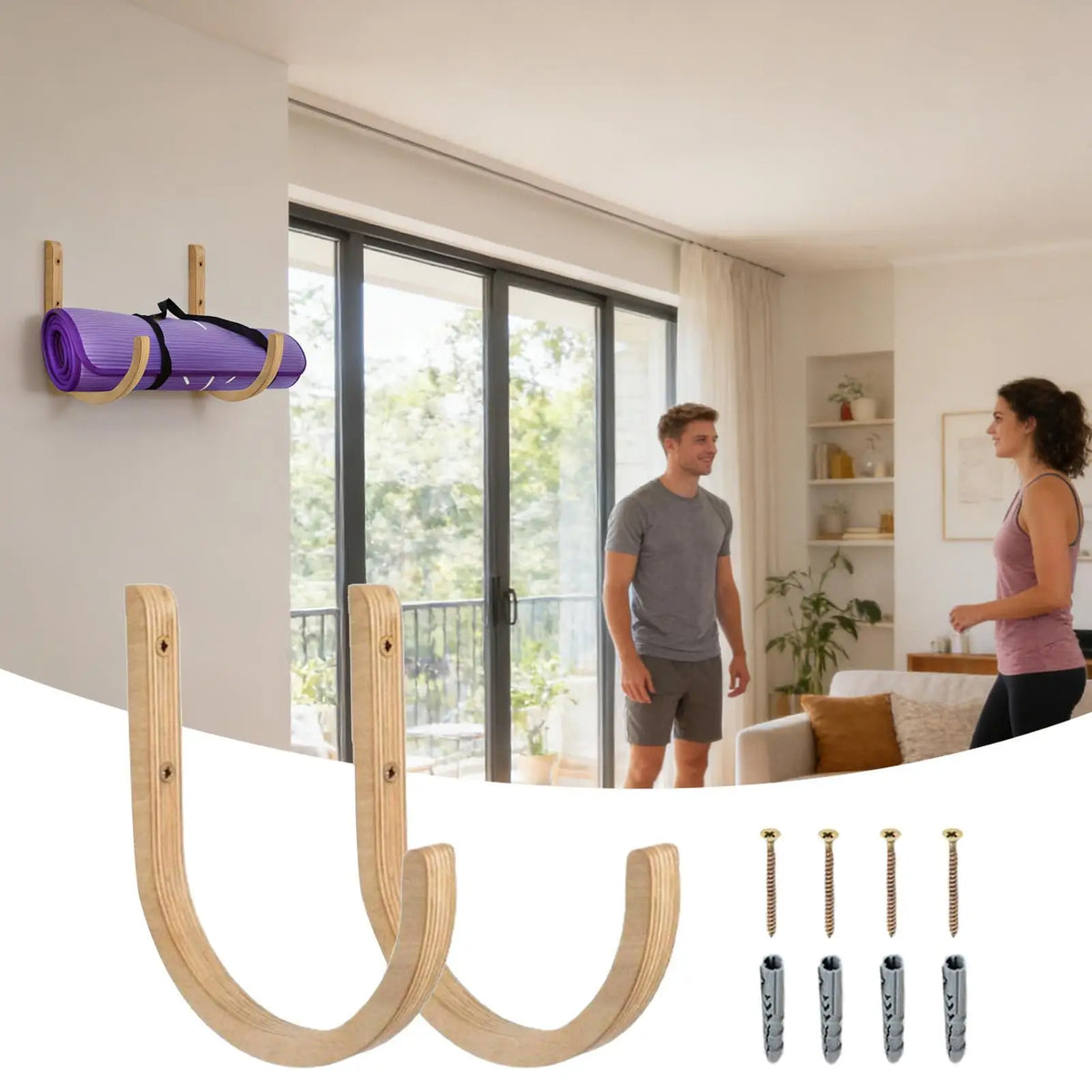 Wooden Yoga Mat Wall Mount Rack – 2-Piece Storage Set