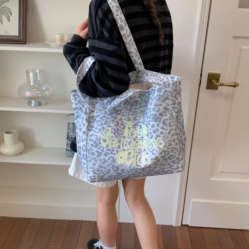 Leopard Print Letter Tote Bag – Large Canvas Shoulder Bag