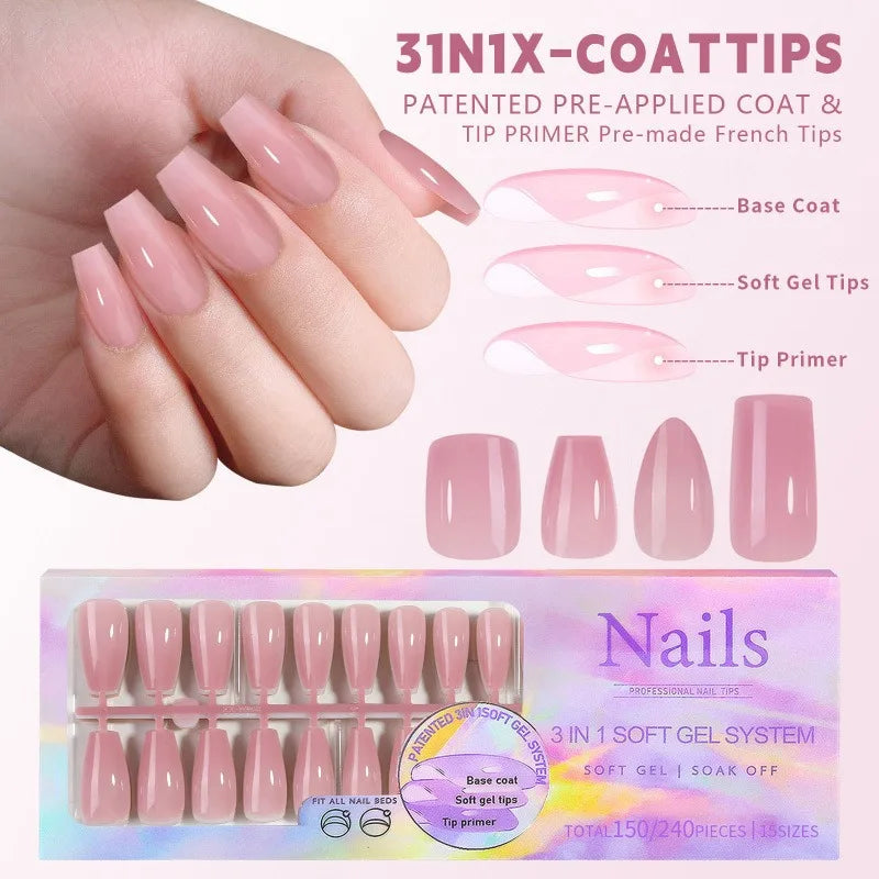 150pcs Press-On Toenails French Square Pink Fake Toe Nails Set