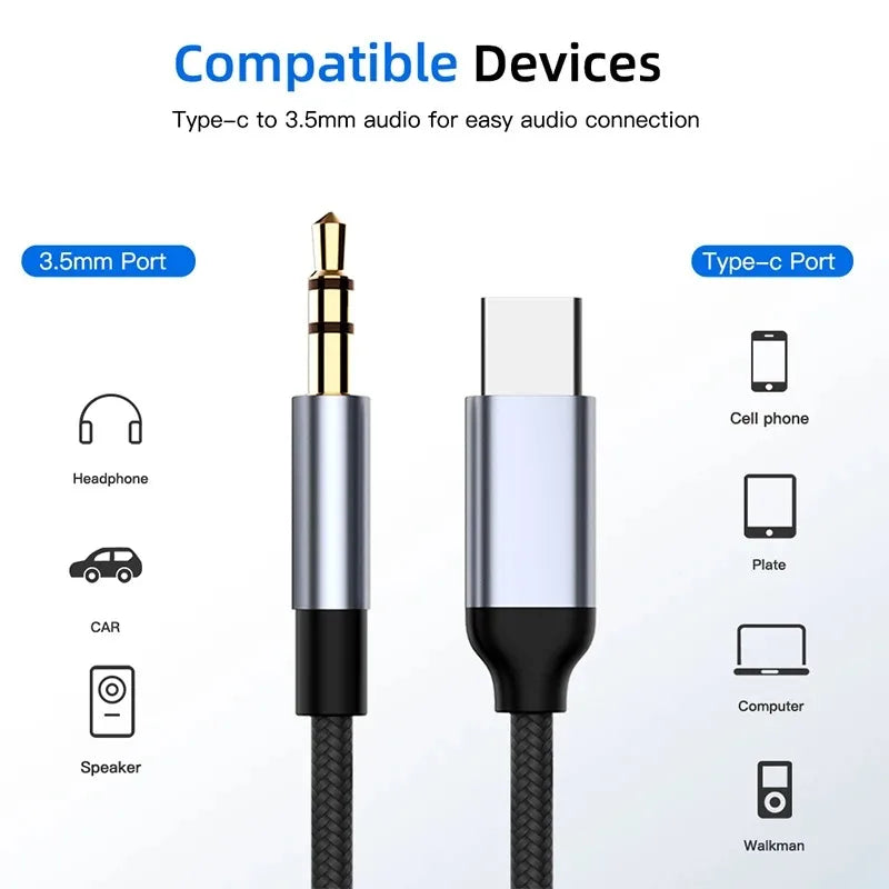 USB-C to 3.5mm AUX Cable Adapter for Car, Speakers & Headphones