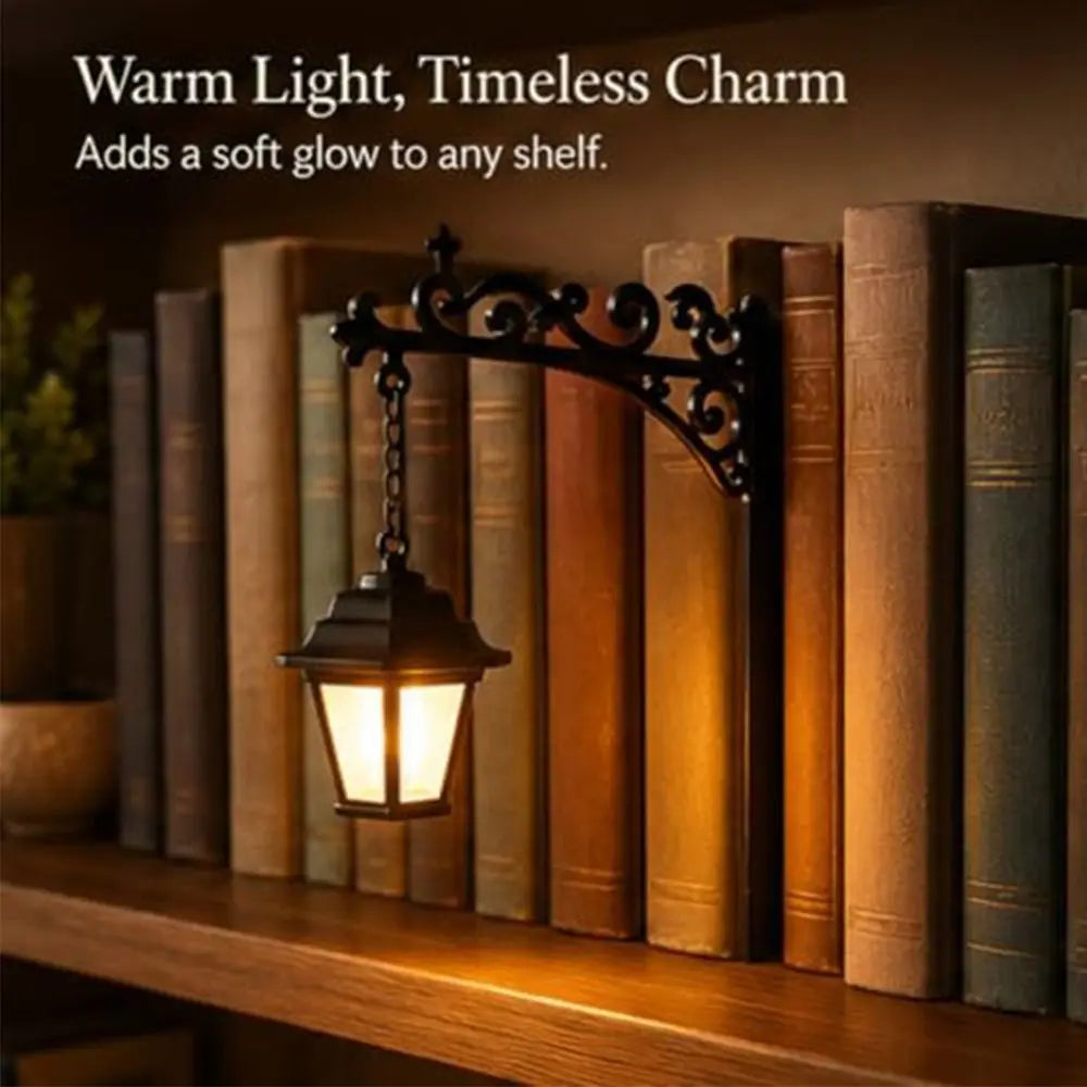 Warm LED Library Lantern – Vintage Black Bookshelf Night Light