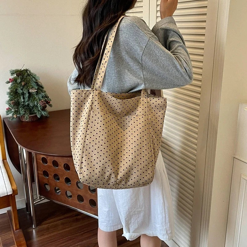 Korean Polka Dot Canvas Tote Bag – Chic Multi-Way Shoulder Bag