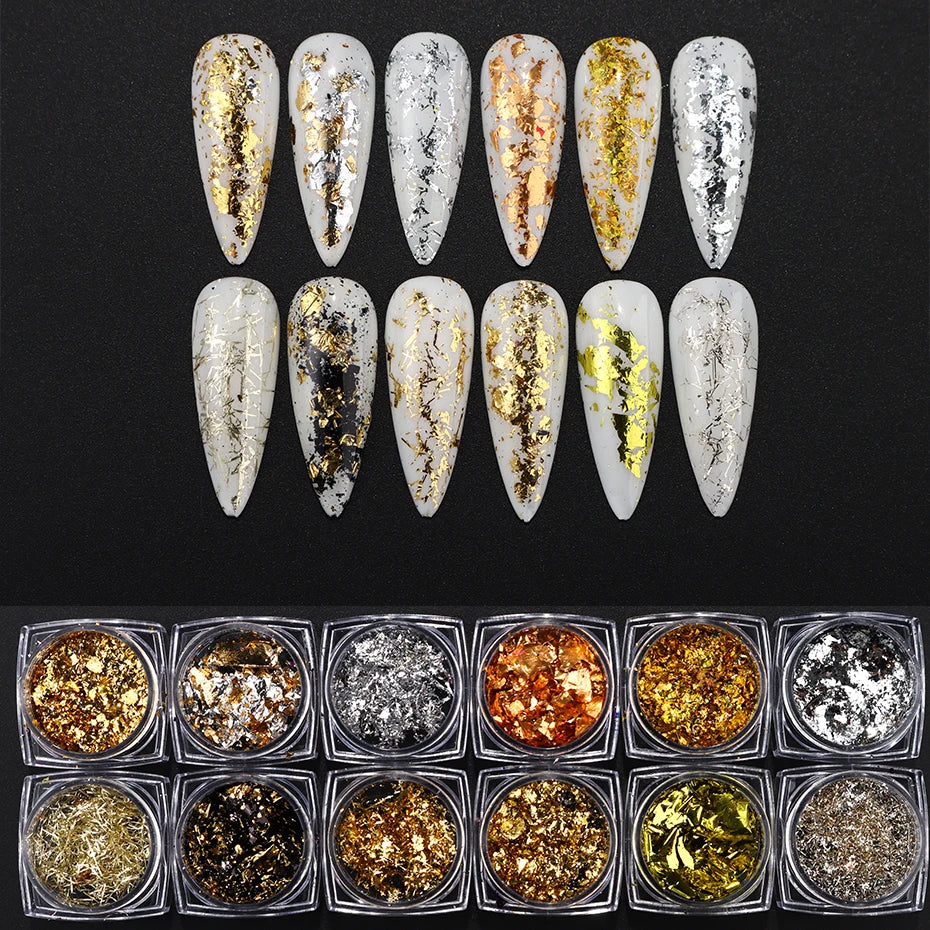 Gold Silver Holographic Nail Foil Flakes – 12pc Glitter Kit