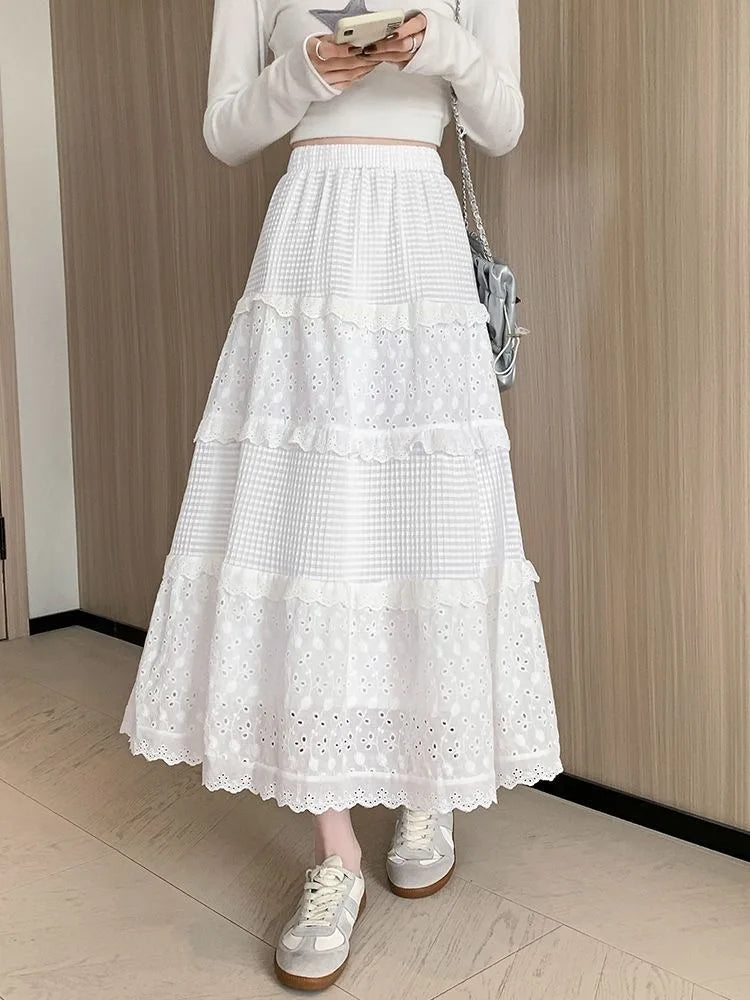 Women's Vintage High Waist A-Line Long Skirt – White & Black