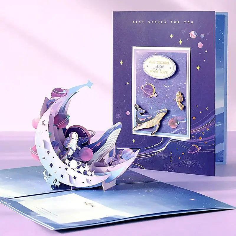 3D Pop-Up Galaxy Greeting Card – Astronaut Moon Whale Design