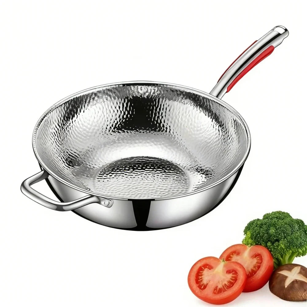 FEB.WIND Uncoated Stainless Steel Wok Flat Bottom Frying Pan