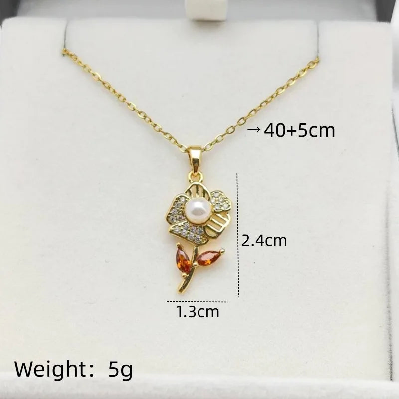 Copper Flower Pendant Necklace – Women's Elegant Collarbone Chain