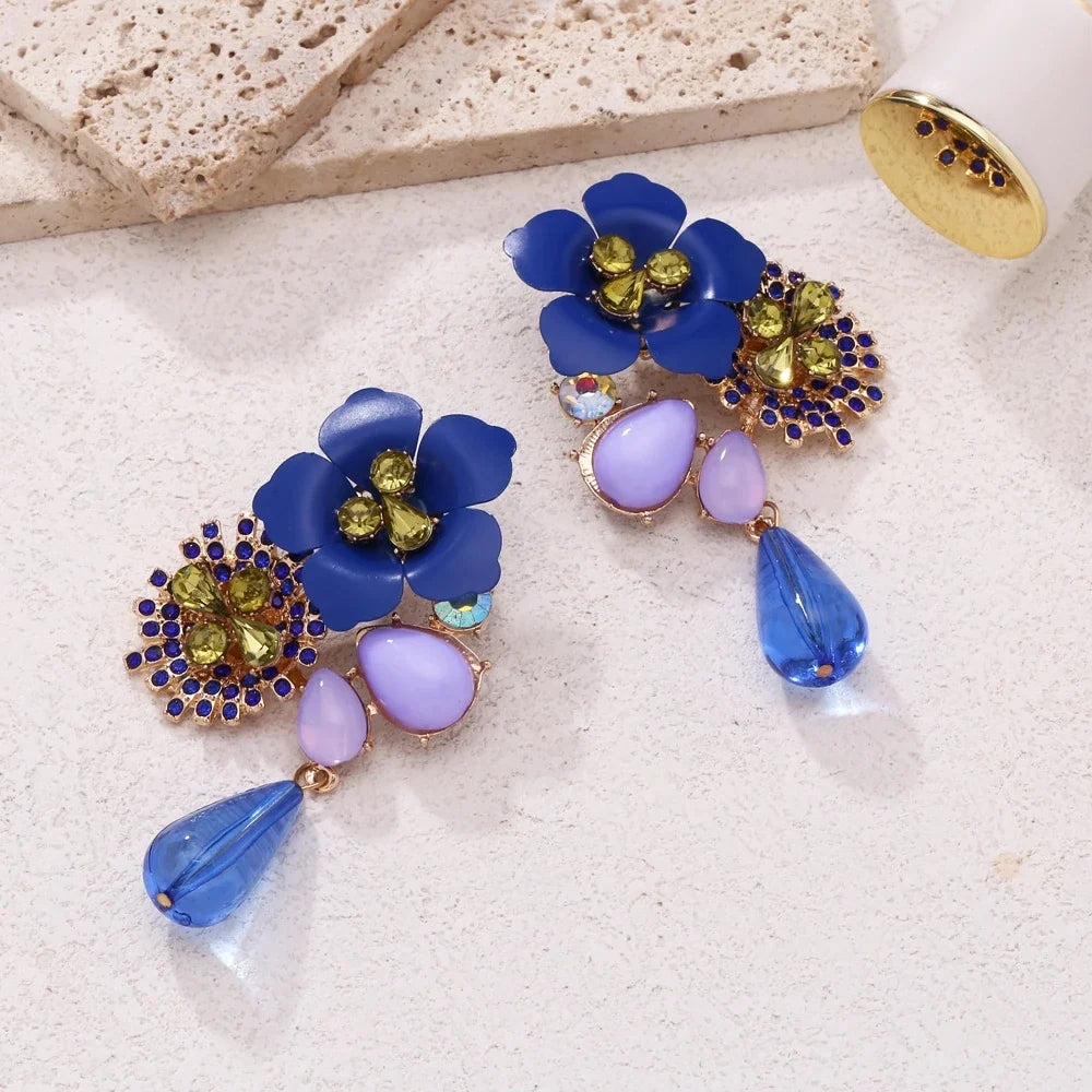 Women's Colorful Flower Rhinestone Drop Earrings – 14K Gold