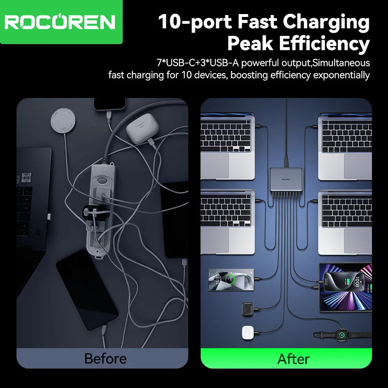 Rocoren 400W GaN Charging Station 10-Port USB-C & USB-A Hub