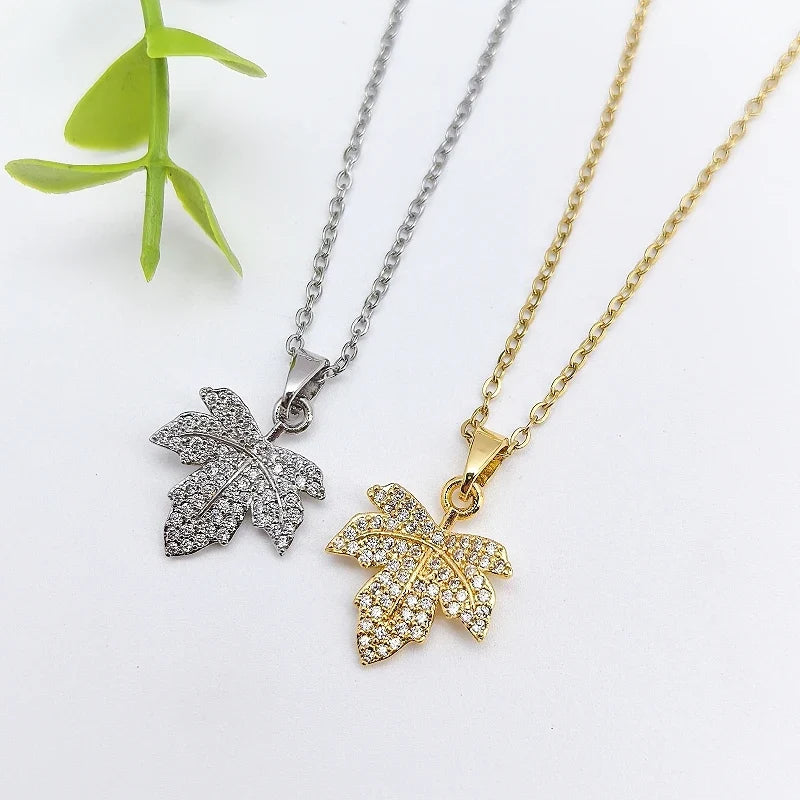 Zircon Leaf Pendant Necklace – Gold & Silver Clavicle Chain