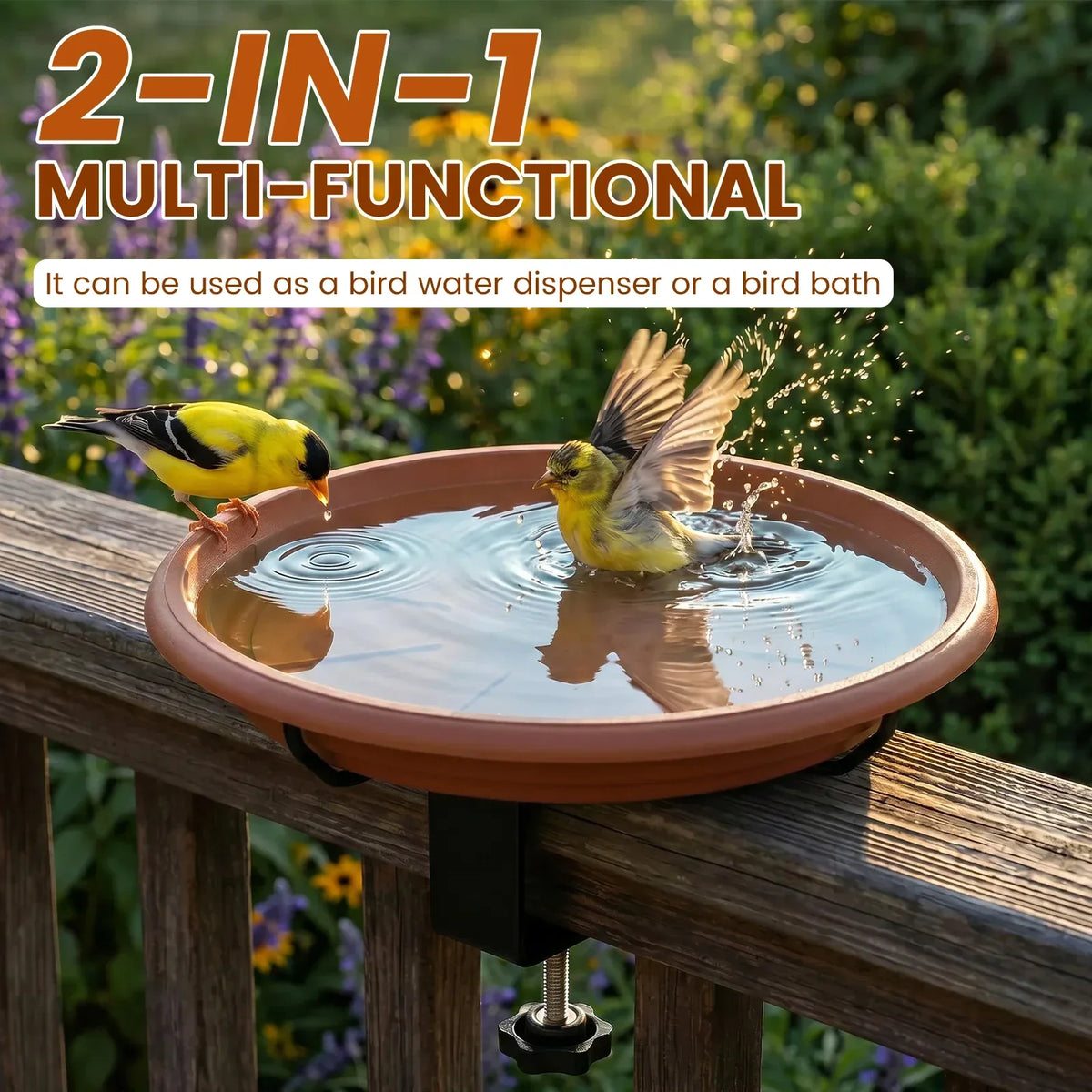 Clamp-On Railing Bird Bath – Deck Mount Plastic Birdbath Tray