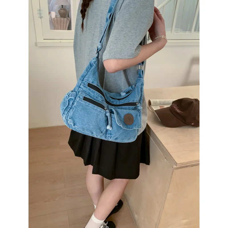 Japanese Washed Denim Multi-Pocket Women's Shoulder Bag
