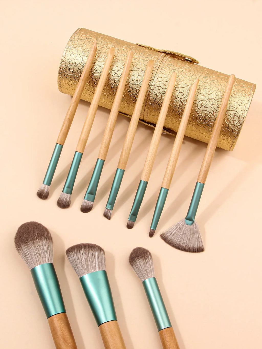 10-Piece Wooden Makeup Brush Set with Storage Bucket