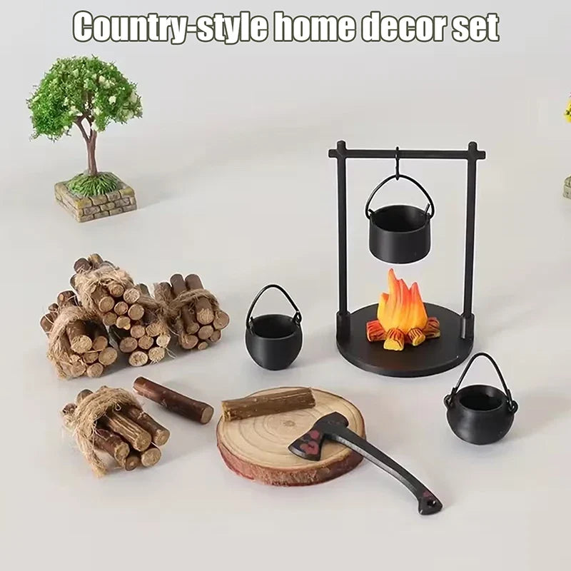 Fantasy Miniature Campfire & Teapot Resin Sculpture Decor