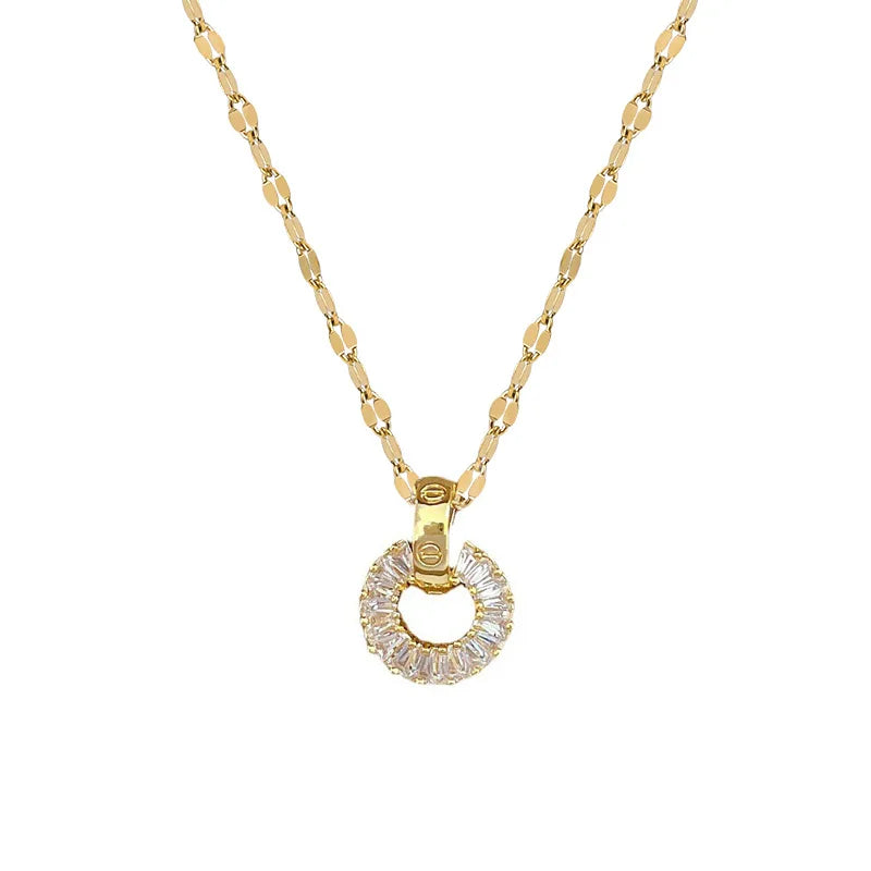 Women's Zircon Round Pendant Necklace | Gold Stainless Steel