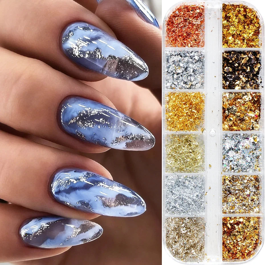 12-Grid Gold & Silver Glitter Nail Art Flakes Sequins Set
