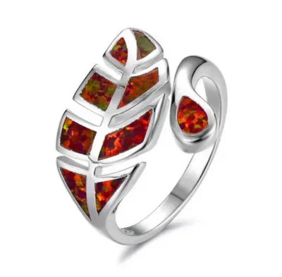 White Simulated Opal Leaves Ring | Adjustable Silver Band