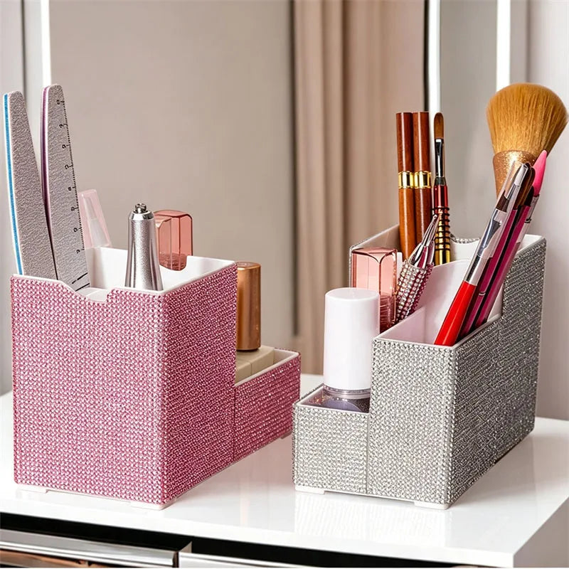 Rhinestone Makeup Organizer – Divided Desktop Storage Case