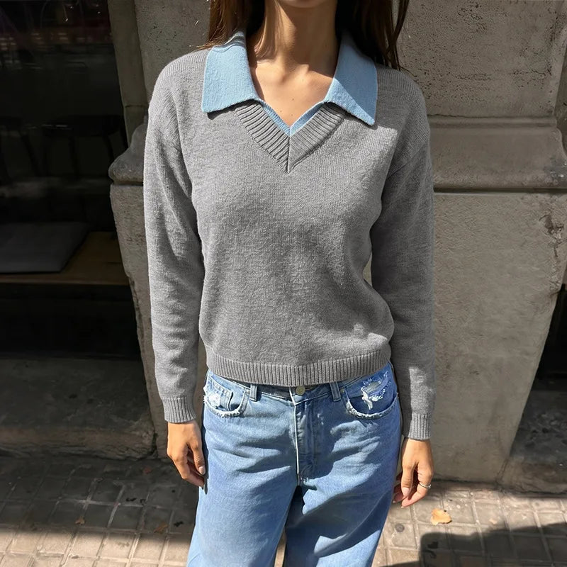 Women's Polo Neck Patchwork Knit Pullover Sweater | Loose Fit