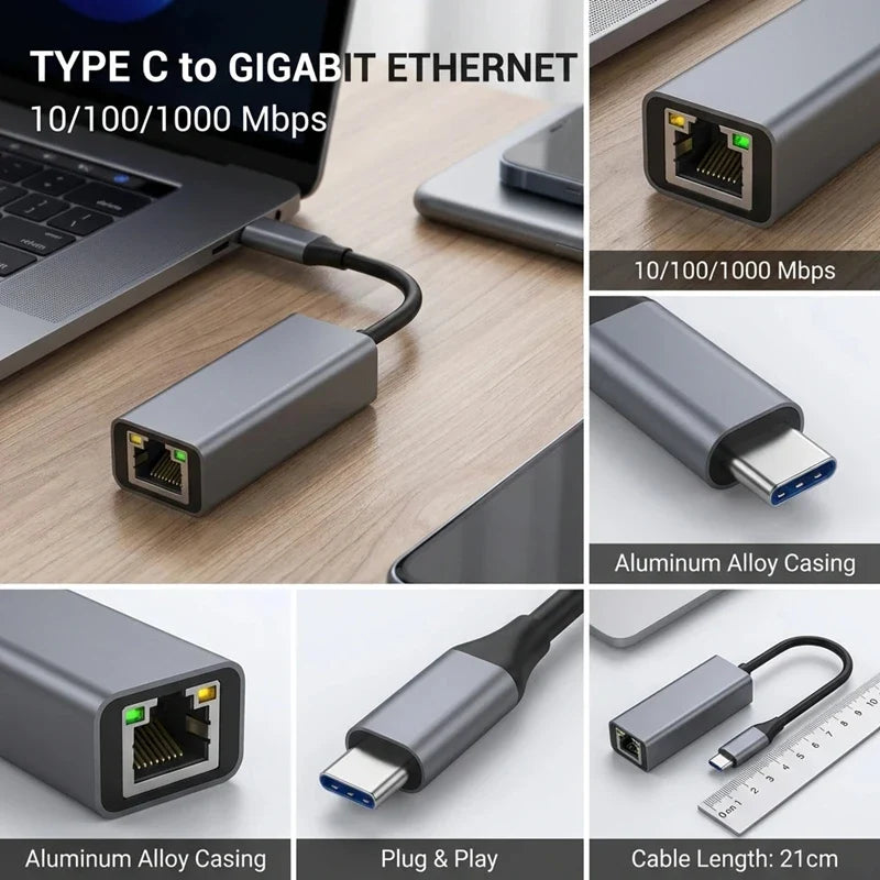 USB Type-C to RJ45 Gigabit Ethernet Adapter 10/100/1000Mbps