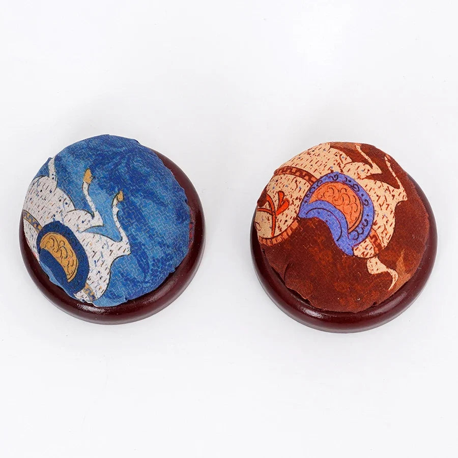 Retro Chinese Fabric Pin Cushion with Wooden Base | Sewing Tool