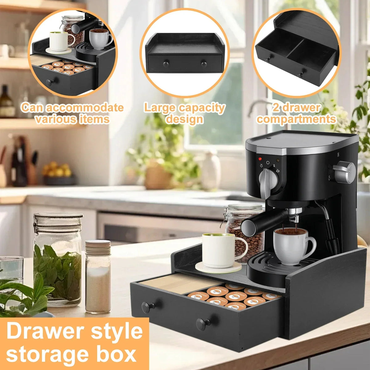 Wood Coffee Station Organizer with Drawer – Countertop Stand