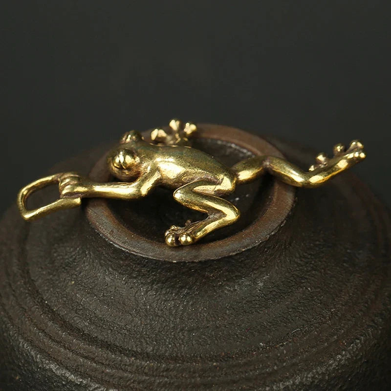 Solid Brass Leaping Frog Miniature Statue Keychain & Décor