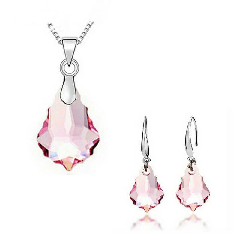 Women's Silver Pink Crystal Drop Necklace & Earrings Set