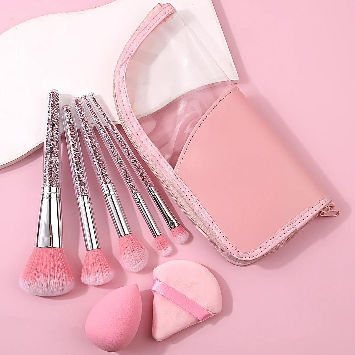 5-Piece Pink Diamond Makeup Brush Set with Bag, Sponge & Puff