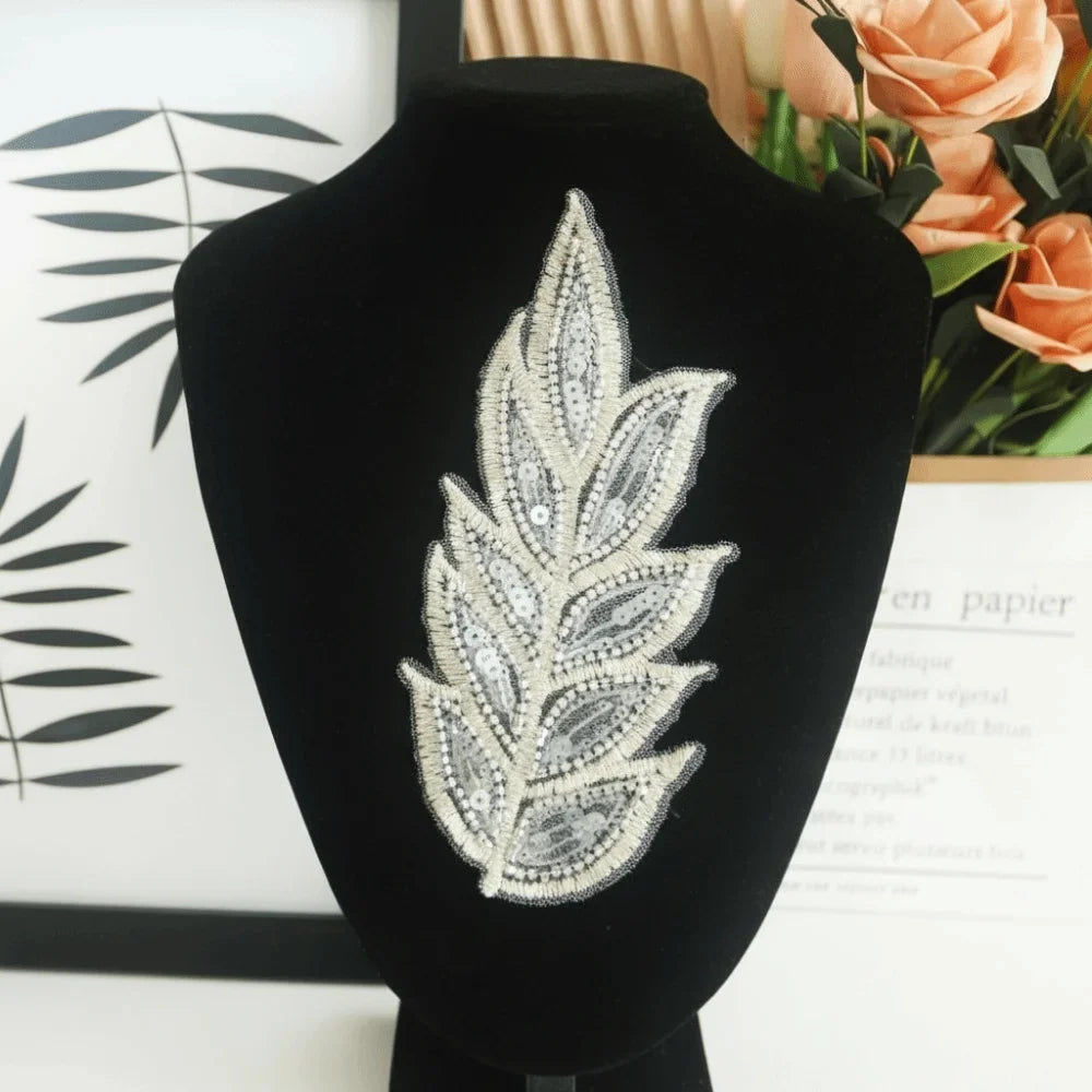 3D Sequin Beaded Lace Patches – Bridal Flower & Leaves Design