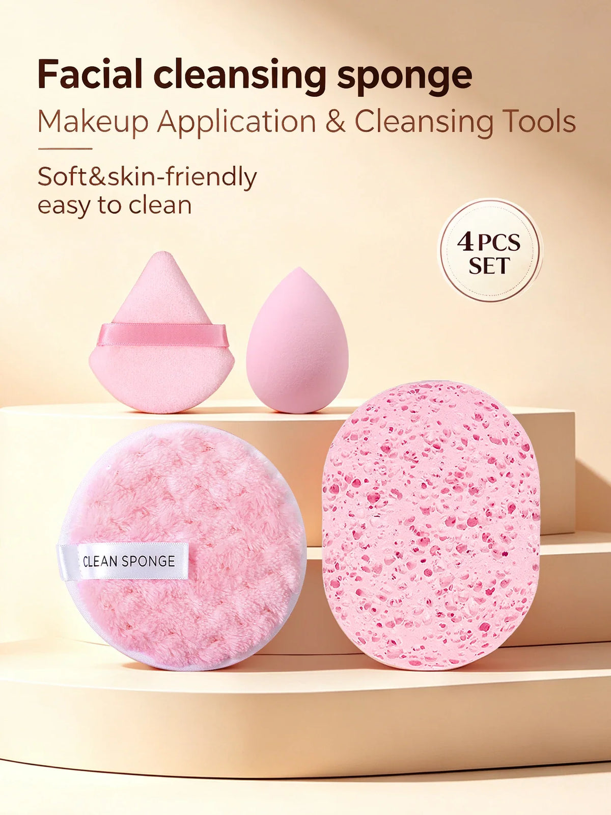 4-Piece Facial Cleansing Sponge Set – Wet & Dry Powder Puff