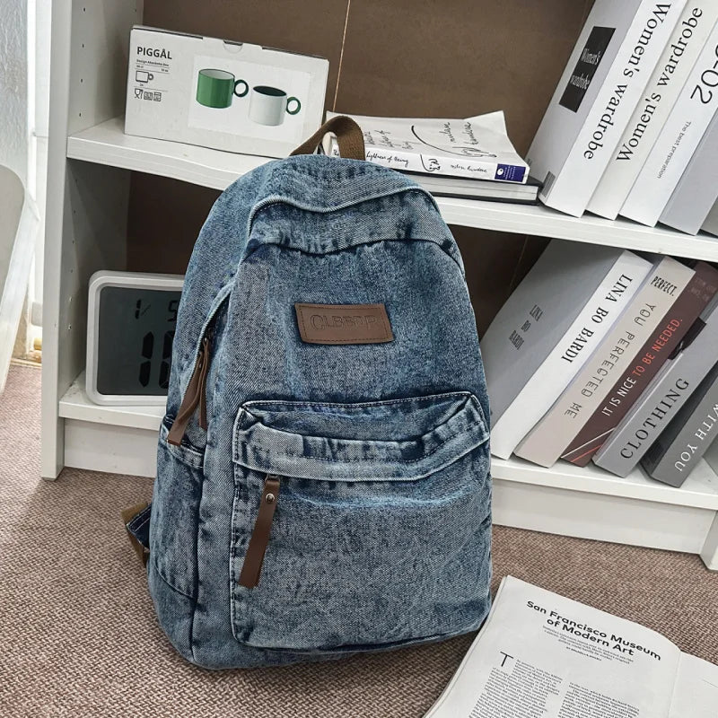 Vintage Denim Canvas Backpack – Unisex School & Travel Bag