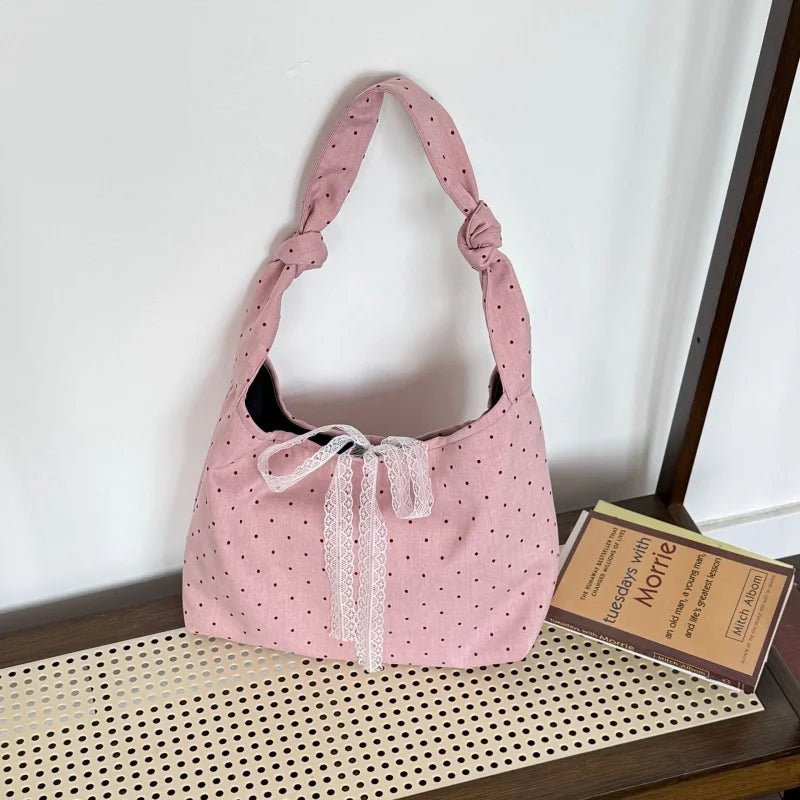 Women's Large Canvas Tote Bag – Polka Dot Shoulder Bag