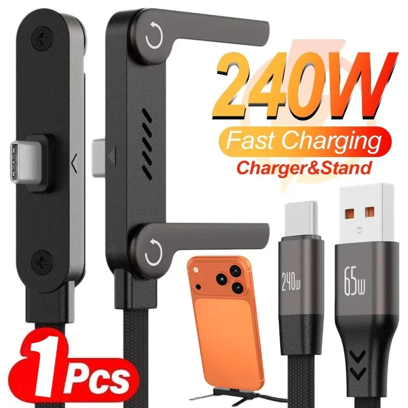 240W USB-C Fast Charging Cable with Folding Phone Stand