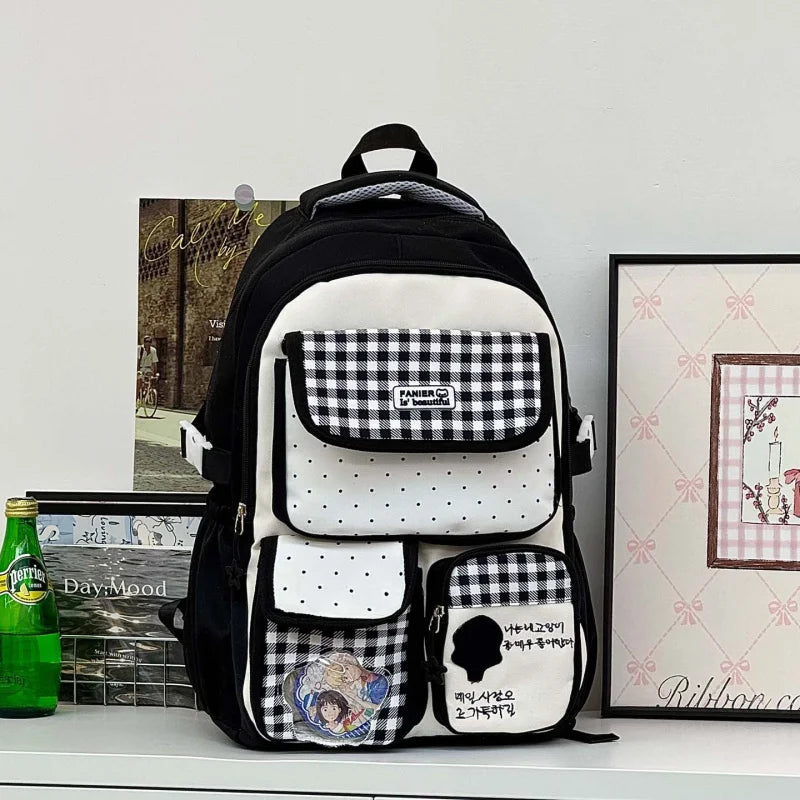 Polka Dot Plaid Girls School Backpack – Large Capacity Bag