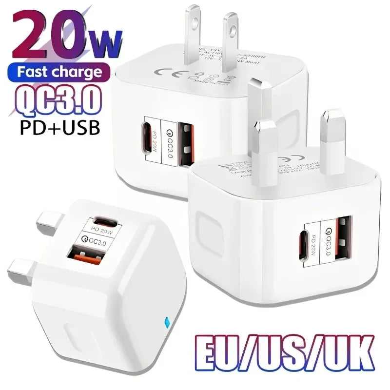 20W Dual Port USB-C PD Fast Wall Charger – EU/US/UK Plug