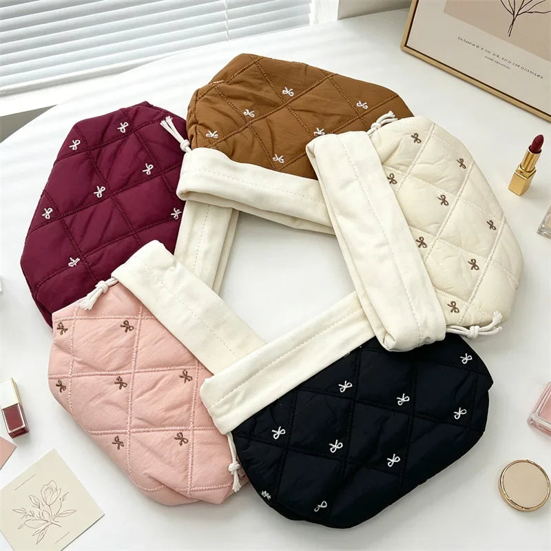 Quilted Drawstring Makeup Bag – Bow Embroidery Travel Organizer