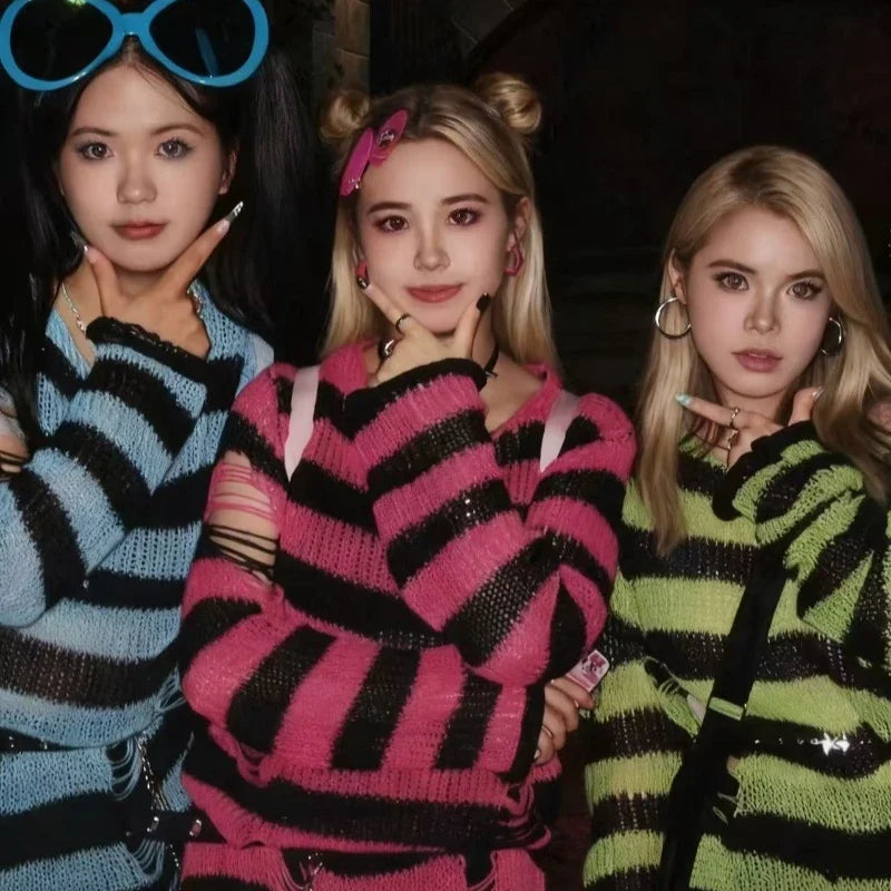 Women's Punk Gothic Oversized Striped Hollow Knit Sweater
