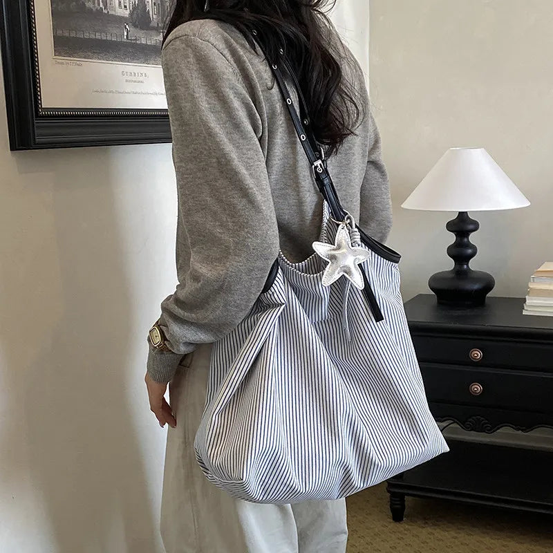 Korean Striped Canvas Tote Bag | Leopard Print Shoulder Bag