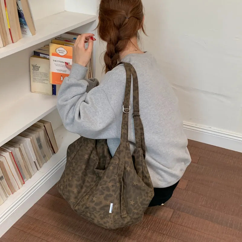 Leopard Print Canvas Tote Bag – Oversized Korean Women's Bag