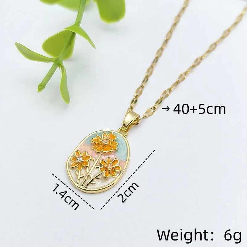 Vintage Copper Floral Pendant Necklace | Gold-Plated Zircon