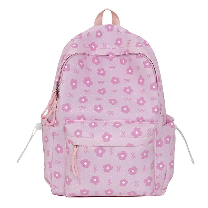 Bowknot Flower Print Canvas Backpack for Girls & Students